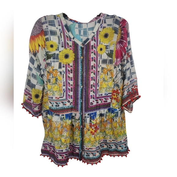 Johnny Was Theda Printed Tunic w/ Pompom Trim Small - Picture 2 of 6